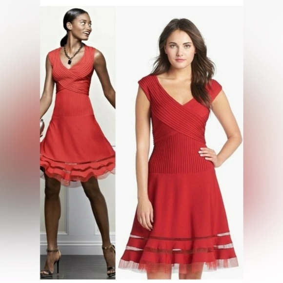 Tadashi Shoji Pintuck Jersey Portrait Red Dress Sz Medium Holiday Party Formal - Picture 1 of 16